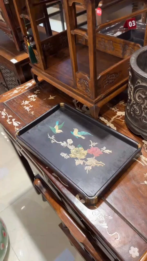 木木头款紫檀牡丹花鸟铜角宽盘128