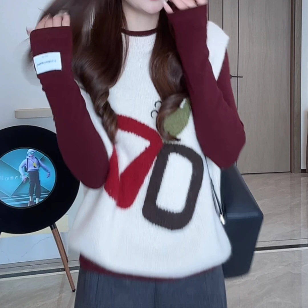 休闲通勤宽松创意感剪刀图案马甲背心女冬季新款设计感长袖针织衫