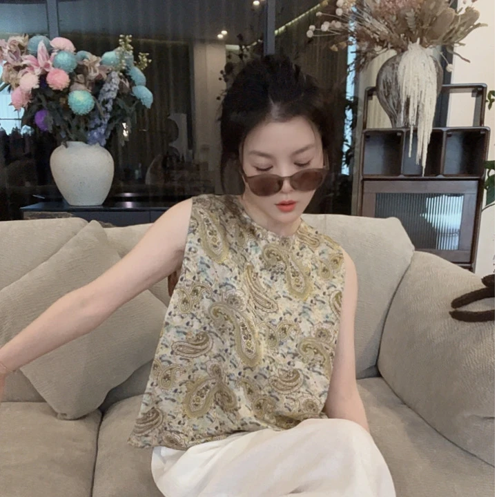 【悦悦专属】新中式宋锦刺绣圆领印花马甲Y339