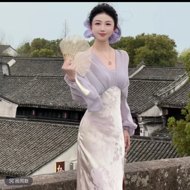 周粥女神2025新款假两件提花缎面高腰斜裁连衣裙JJC5LYQ1496