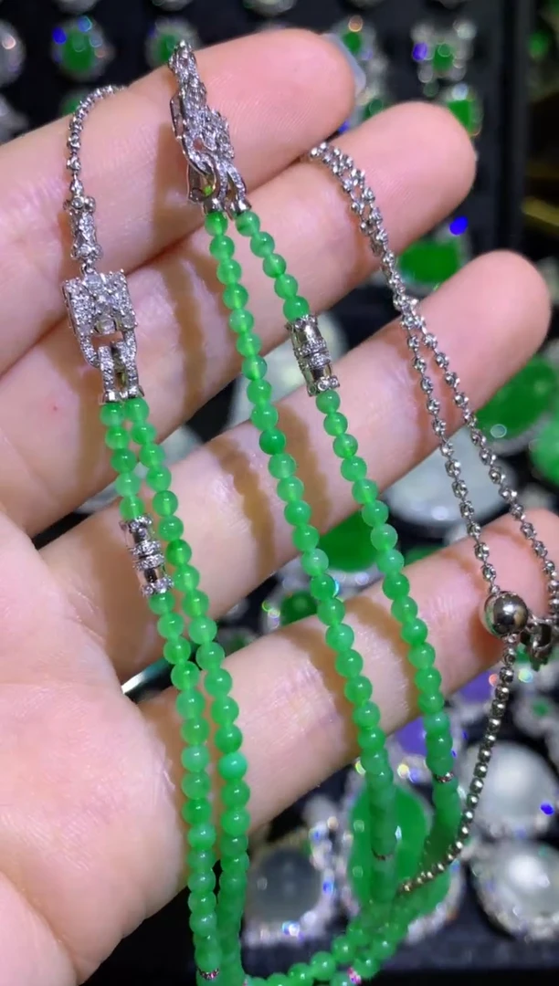 【闪购商品】翡翠颈饰18K金镶嵌高冰阳绿圆珠项链手链两用款