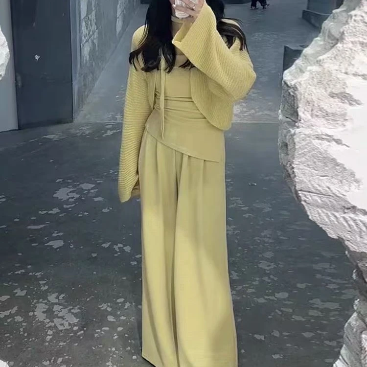 慵懒风辣妹时尚套装阔腿裤秋季吊带针织百搭开衫套装春季女装