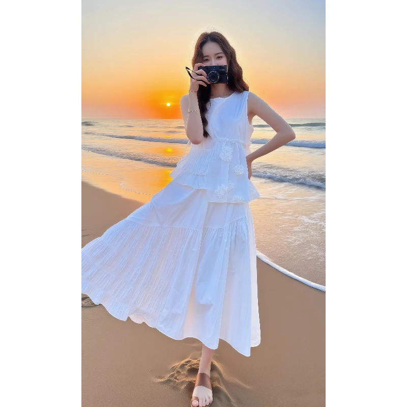 立体花朵无袖衬衫半身裙套装女夏巨好看流行大方得体两件套温柔风