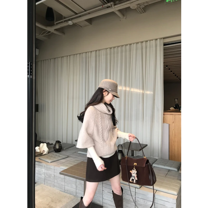 麻花针织套头斗篷毛衣女秋冬宽松高领打底针织衫女