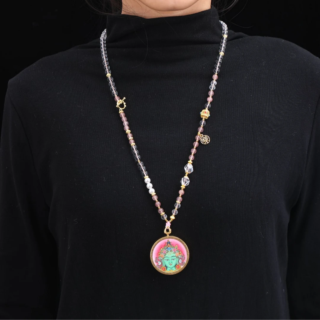 钛钢布艺项链 绿娘娘圆盒）珠子链，藏式手工编织项链