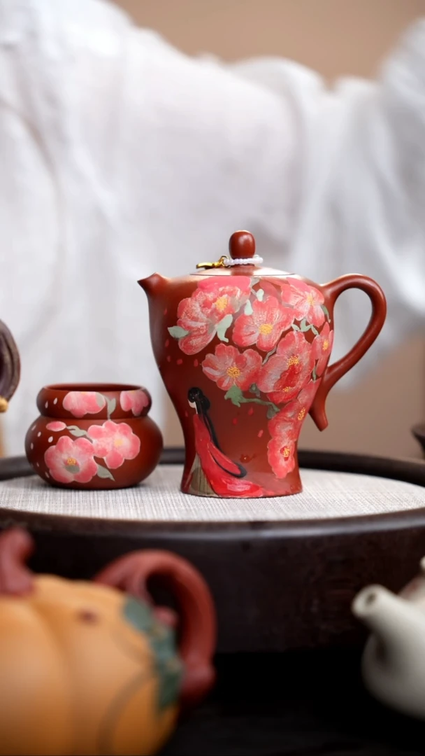 茶壶紫砂小***堂朱泥小蛮腰泥绘彩霞仙子+杯