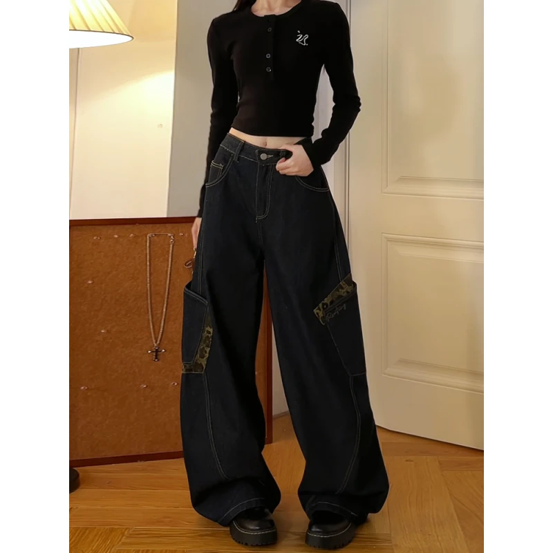 美式高街深色豹纹拼接弯刀牛仔裤女秋季高腰宽松显瘦阔腿拖地裤子