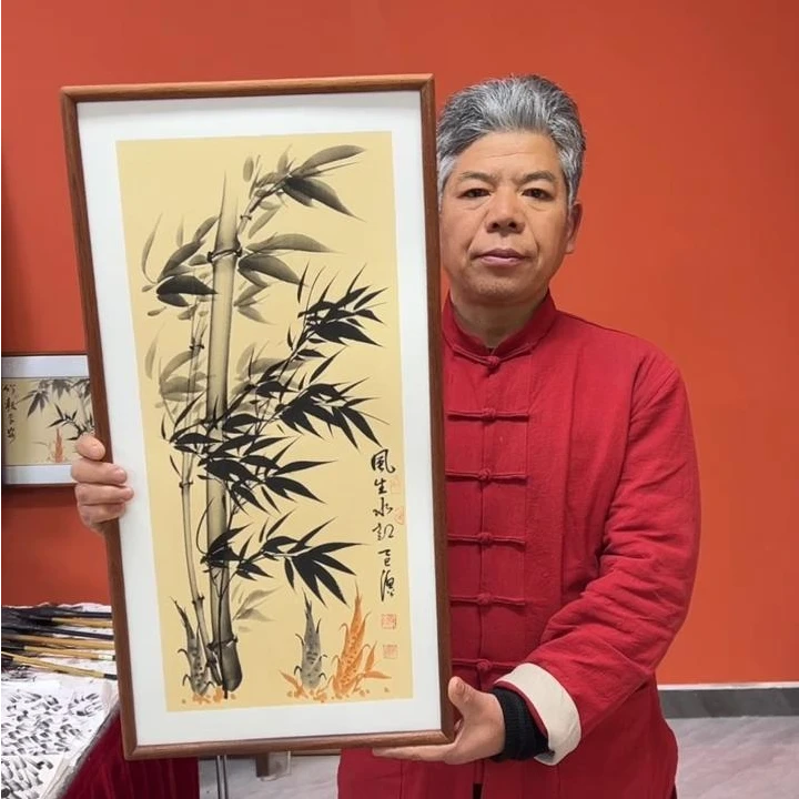 张富民作品/风生水起（乌檀木实木框）（竖版）/36*69厘米左右