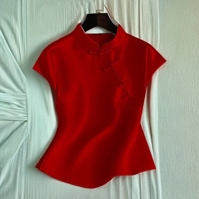 常规款红色女装衬衫夏季短袖中国风立领中长款大码