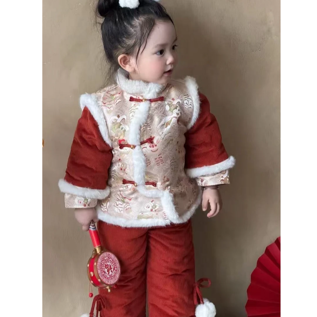 现货【醒狮】SC753女童冬季新中式加绒棉衣加厚裤子国风套装拜年服