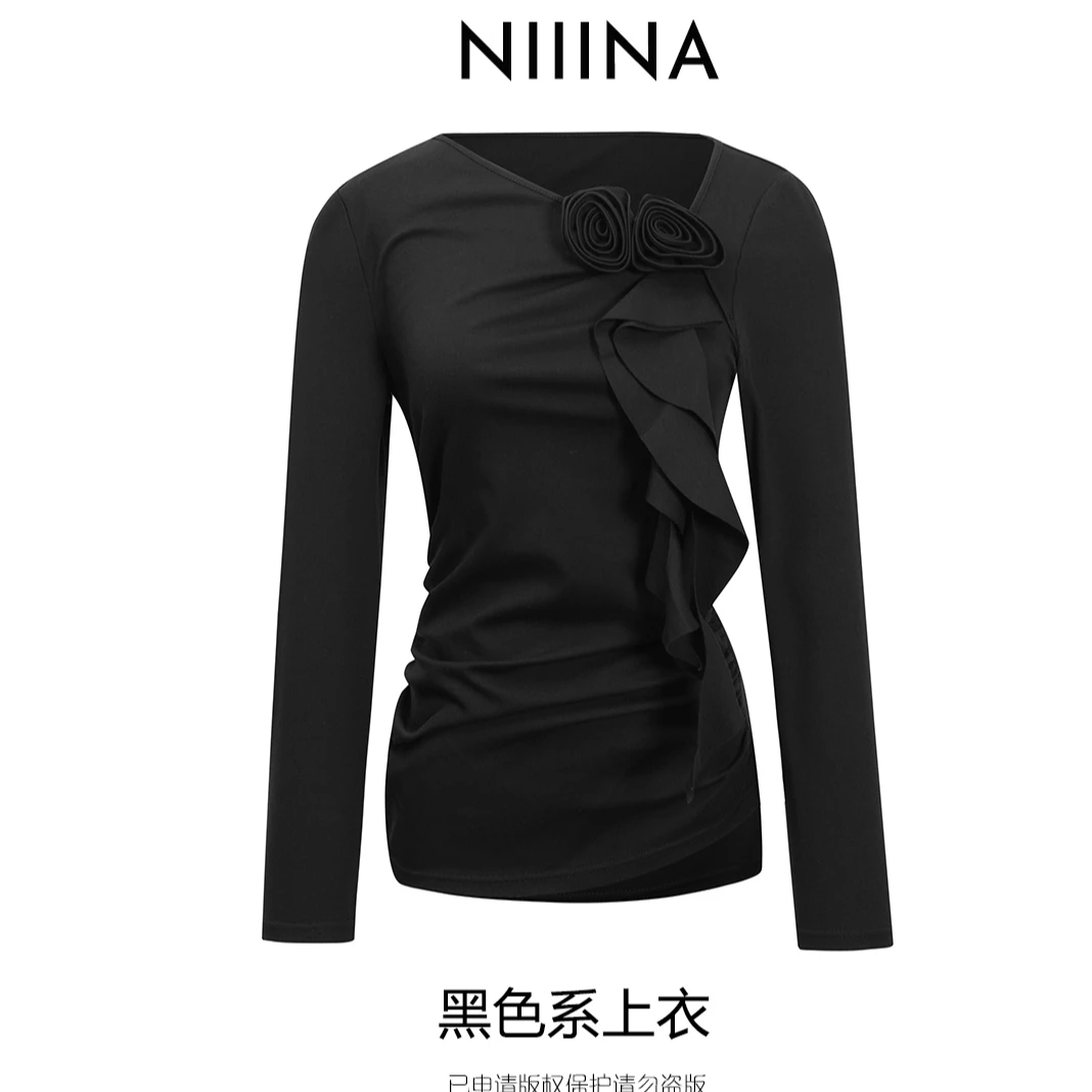 NIIINA设计师气质款斜领花朵上衣3569H