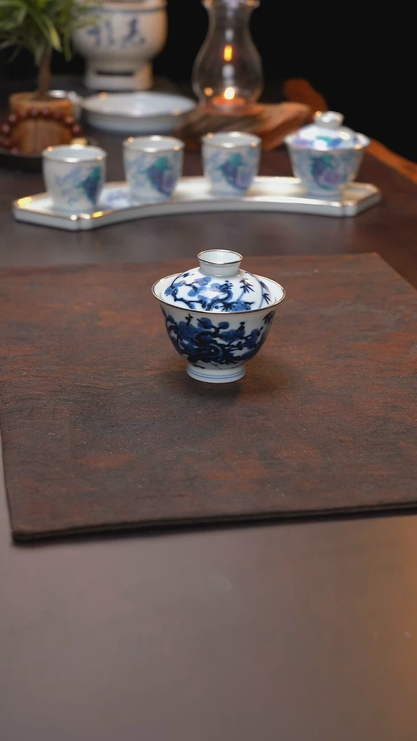 手绘松竹梅盖碗三包银口