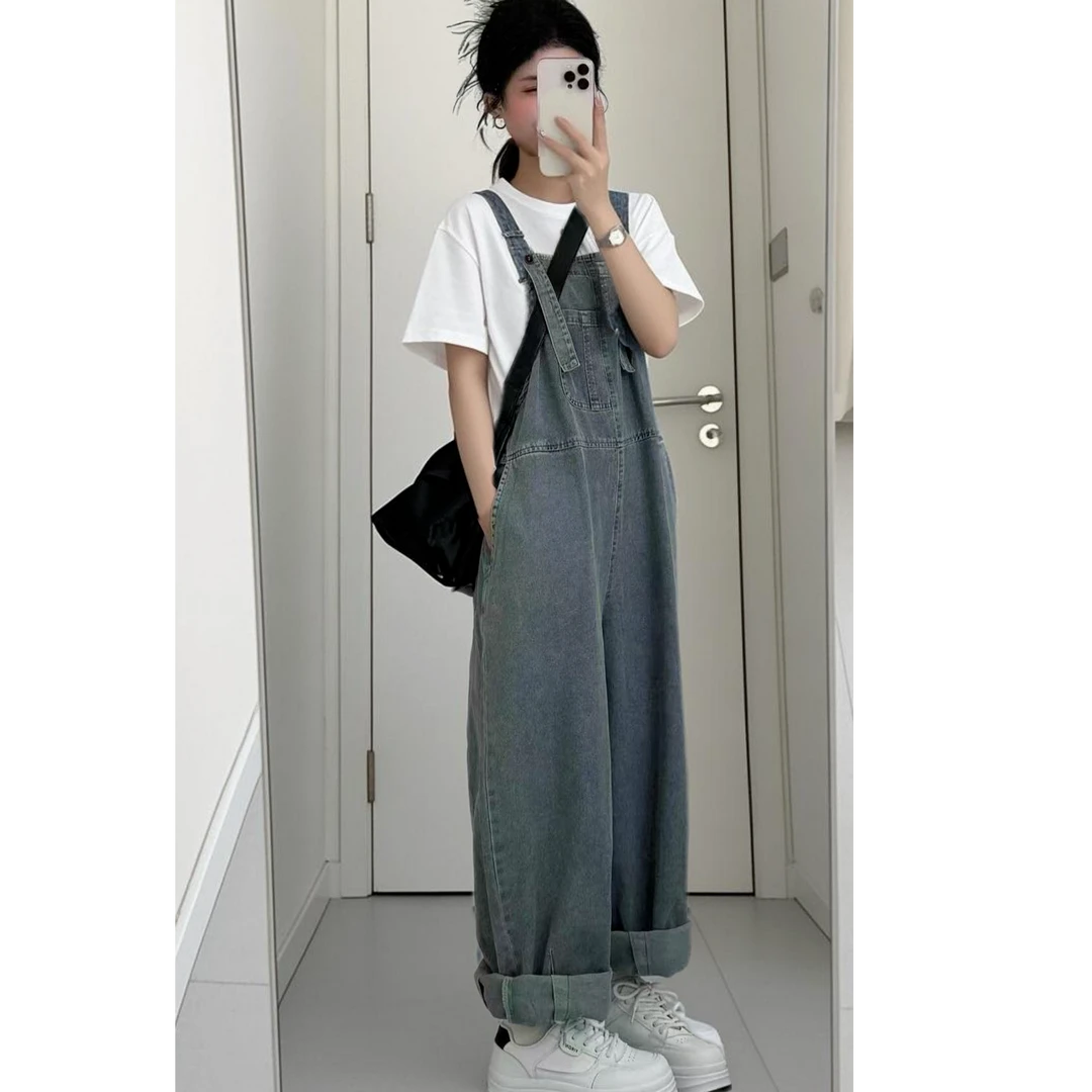 春装搭配一整套大码胖mm白色短袖牛仔背带连体裤子韩系减龄套装女