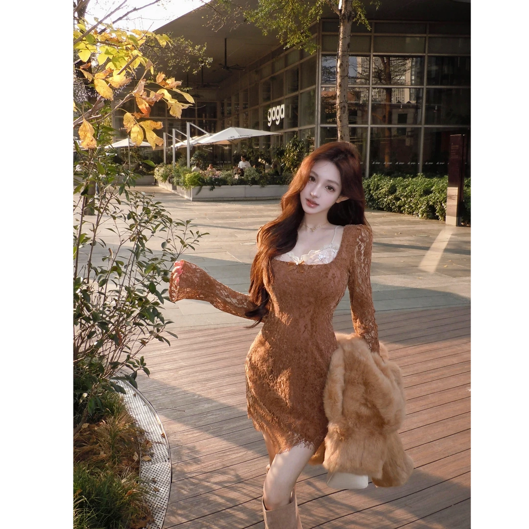 2026新年战袍性感蕾丝连衣裙女秋冬新款内搭包臀显瘦短裙圣诞穿搭