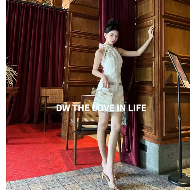 24AW//DW 高定重工流苏钉珠蝴蝶结挂脖连衣裙