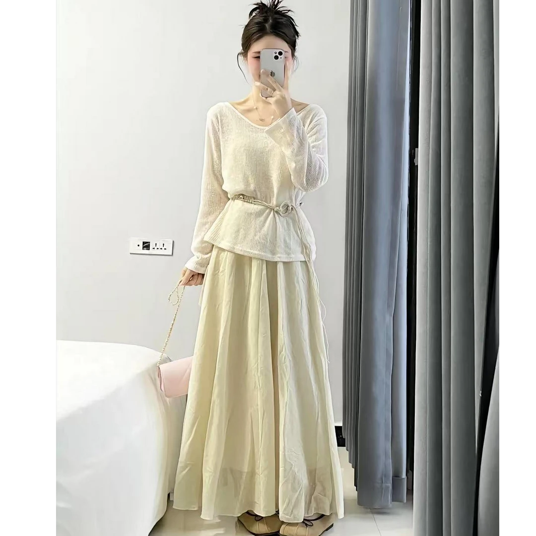 时尚盐系穿搭套装女春秋季气质宽松长袖上衣高腰长裙小个子两件套