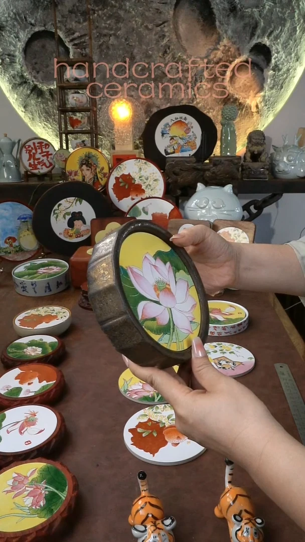 陶瓷手工釉上彩瓷片黑金釉茶盘