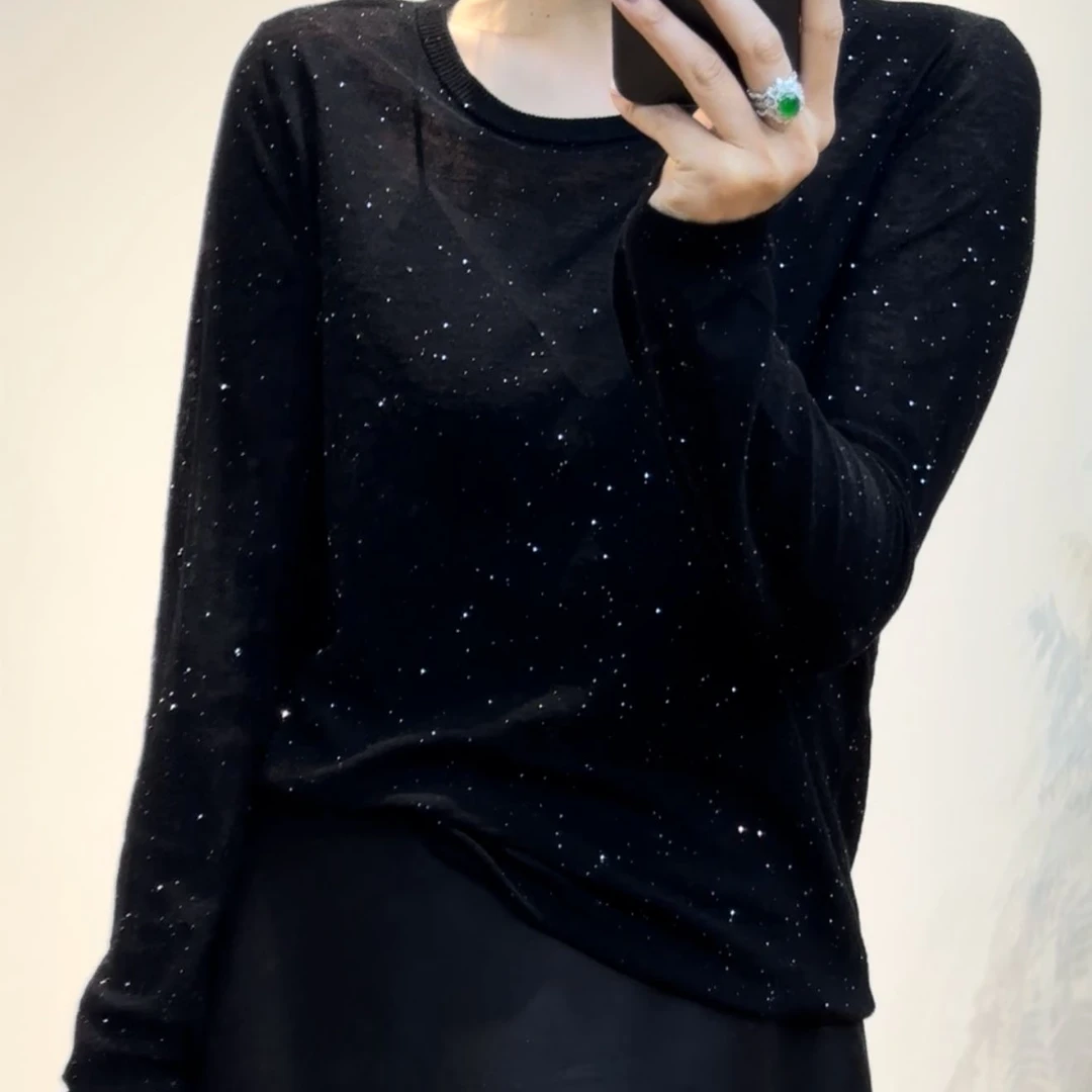 TANTAN 秋季休闲百搭圆领亮片宽松羊毛打底衫2937