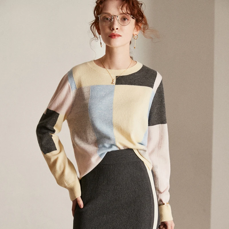 【CC专属】藏里羊拼色纯羊绒毛衣女宽松长袖针织打底衫BC00467