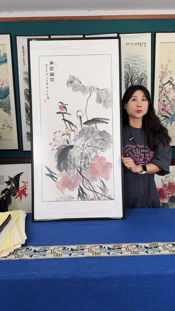 国画荷花实木装裱63*123