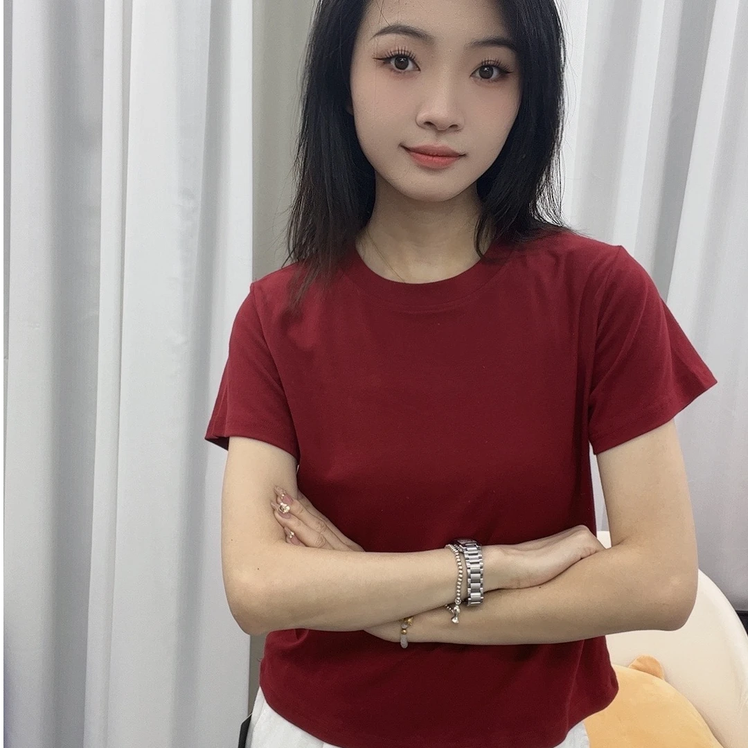 2025夏季新款韩版小领口圆领纯色短袖T恤女修身百搭洋气彩色上衣