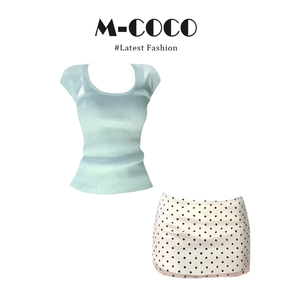 MARIE.COCO韩系清纯温柔风U领针织上衣搭配波点包臀半身裙两件套