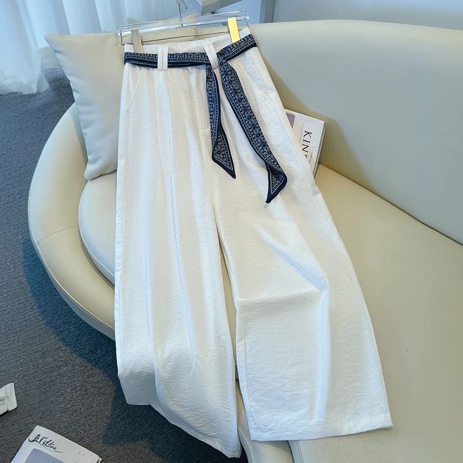 白色窄版阔腿裤女2025新款夏薄款小个子垂感宽松休闲直筒九分裤子