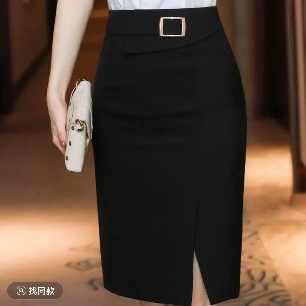 2QL【夏季冰感】新款百搭显瘦A字裙TR裙斜纹面料女士黑色半身裙