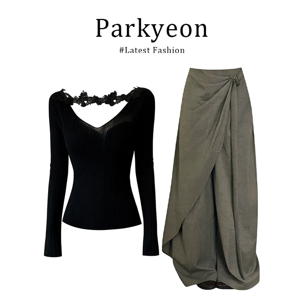 INS CEC马海毛V领蕾丝镂空针织衫女冬季假两件不规则裤子套装