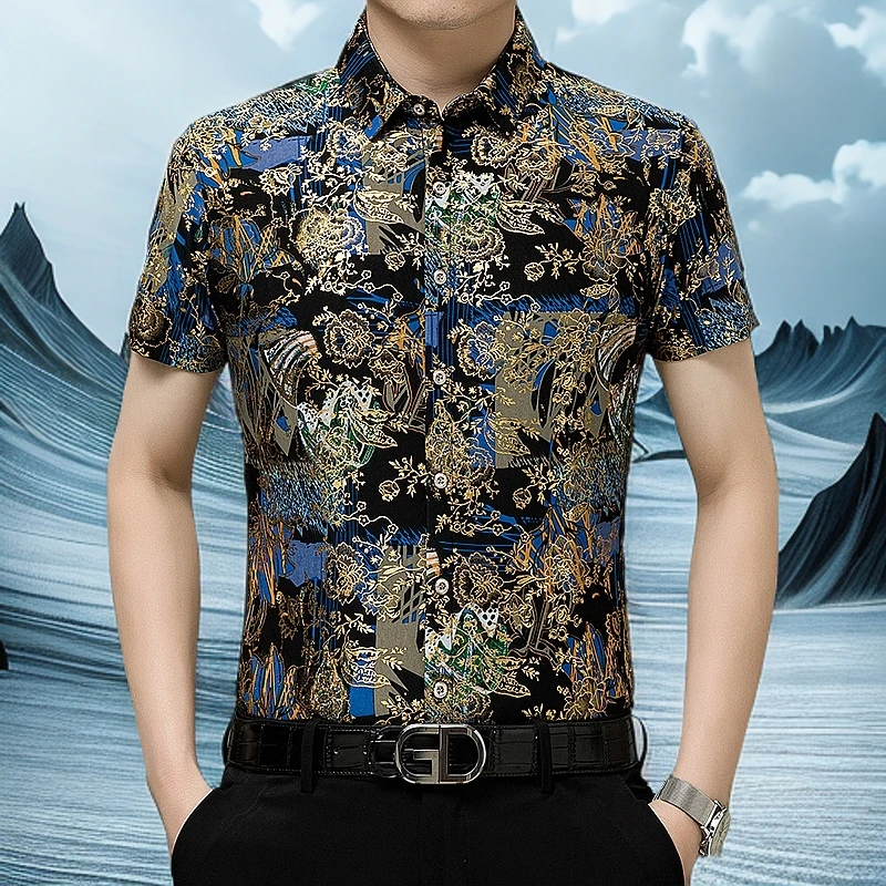 2025夏装新款男装短袖衬衫中年男士宽松薄款印花衬衣时尚休闲帅气