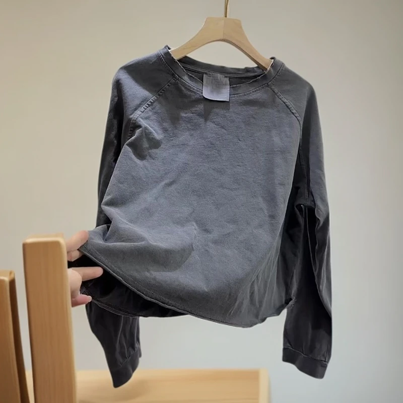 【现货】韩版冷淡系深灰色圆领长袖套头上衣2025新款百搭通勤上衣