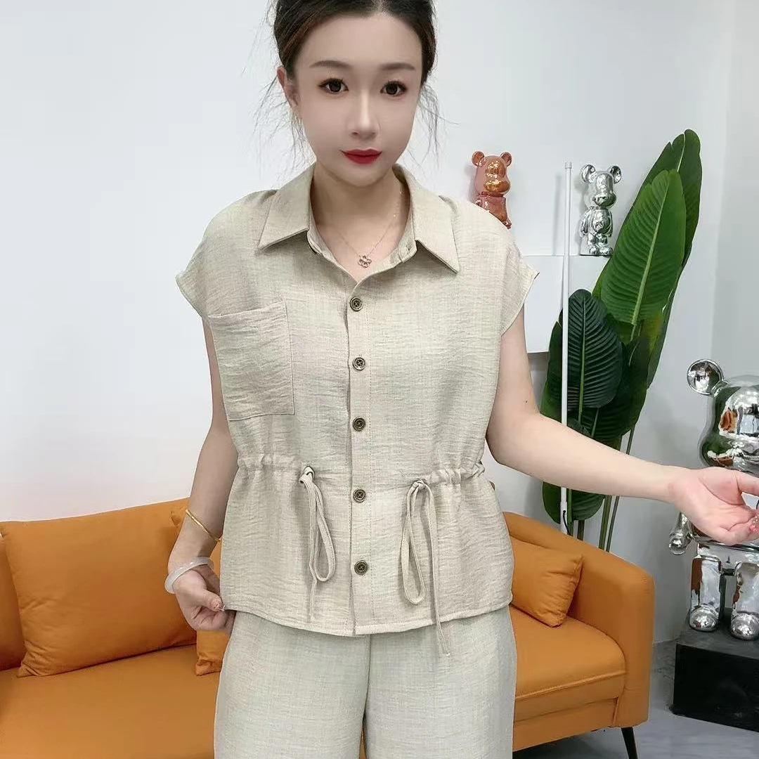 时尚洋气收腰套装衬衫女士夏装新款减龄短袖休闲气质两件套#2685