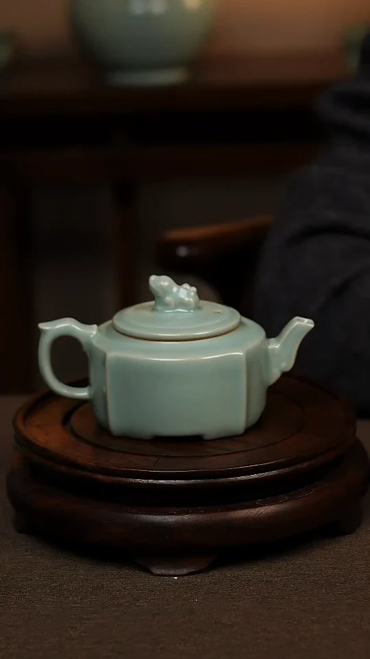 瓷片仿古天青全手工四方壶200ml 微瑕 不带礼盒