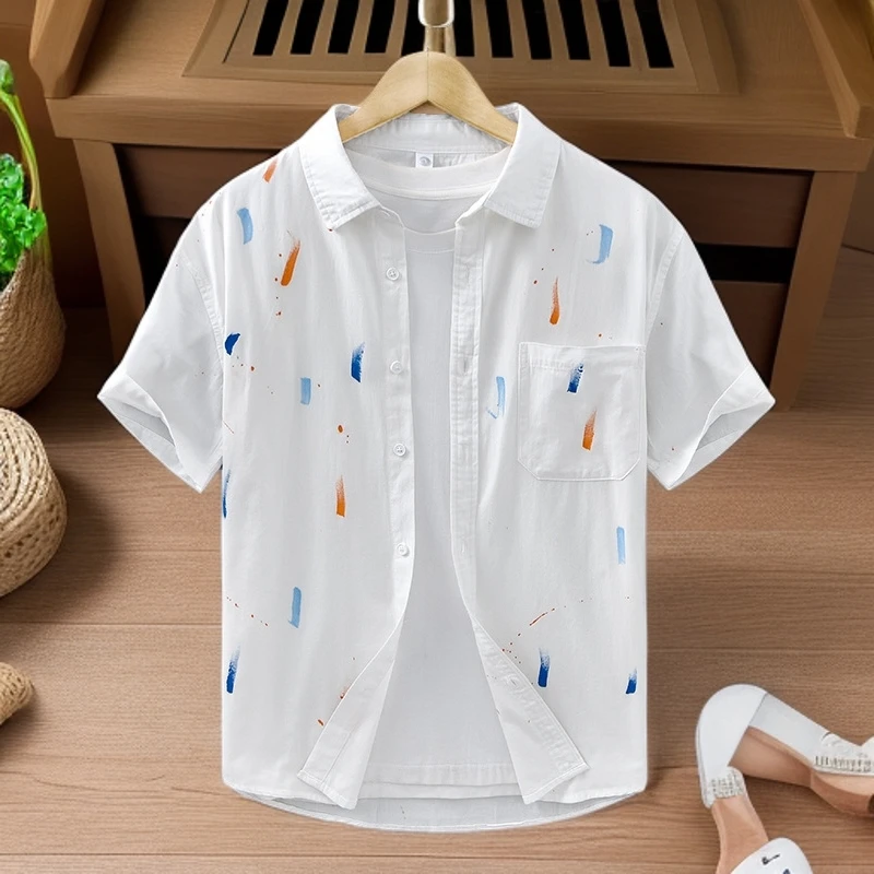 泼墨个性印花纯棉衬衣夏季文艺休闲宽松2025新款彩色碎花短袖衬衫