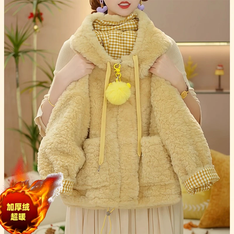 女童加绒费尔岛毛毛衣2025新款秋冬双面穿加厚羊羔绒外套冬装棉服