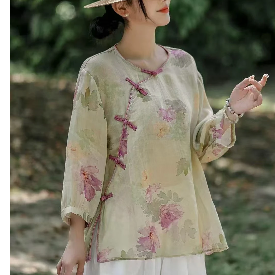 【橘猫服饰】印花圆领斜襟盘口苎麻小衫女小衫 9289