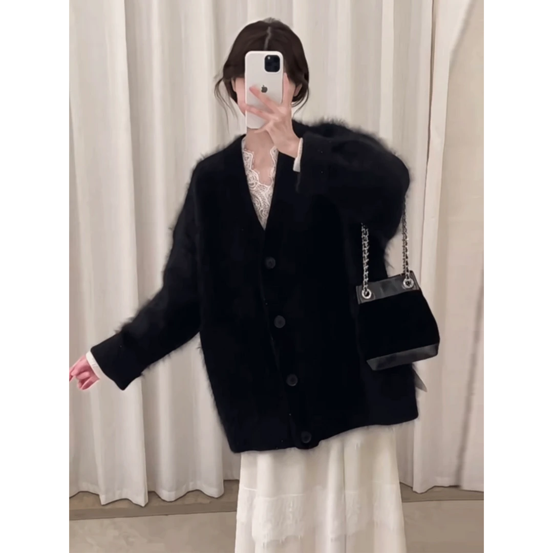 实物太美！黑色毛衣外套女秋冬新款韩系慵懒风高级感软糯针织开衫