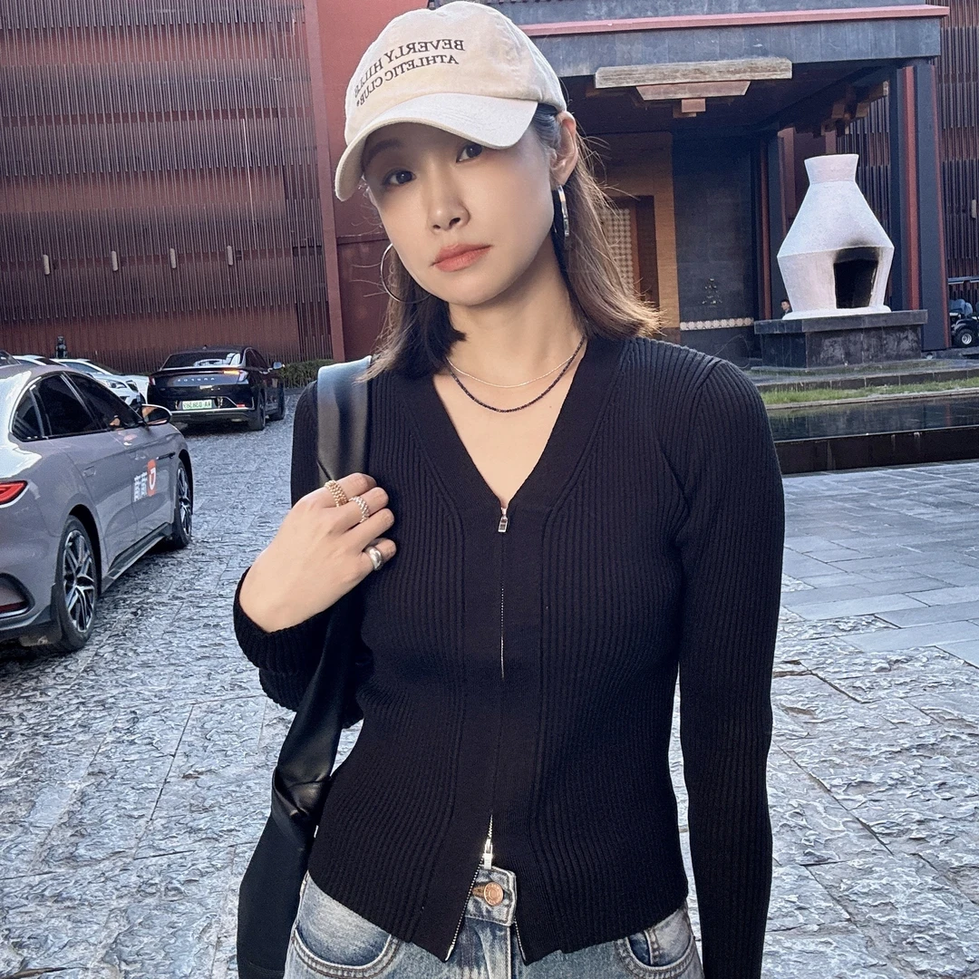 拉链V领针织衫｜姐系清冷主场 气质修身显瘦开衫百搭