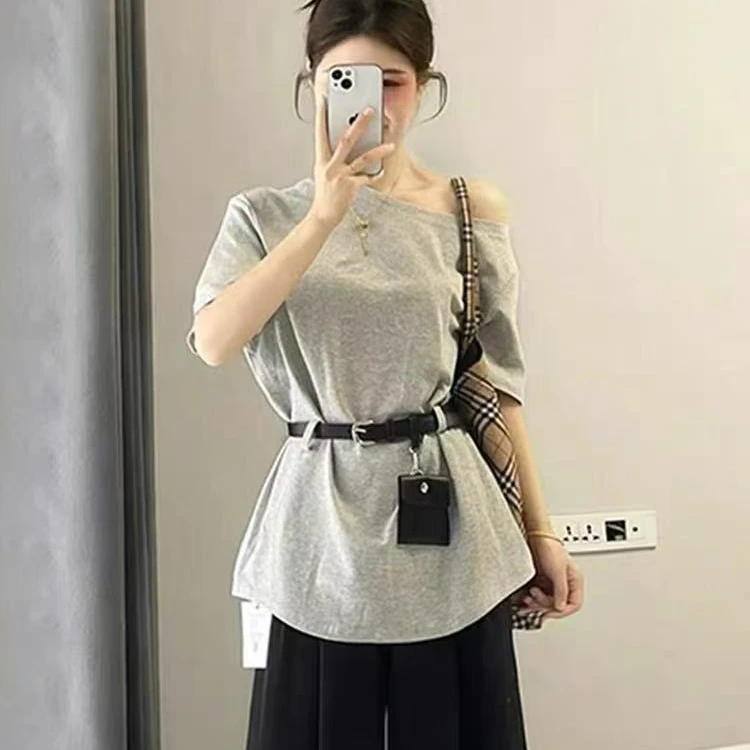 初夏穿搭一整套大码胖mm休闲减龄百搭斜肩T恤搭配黑色显瘦休闲裤