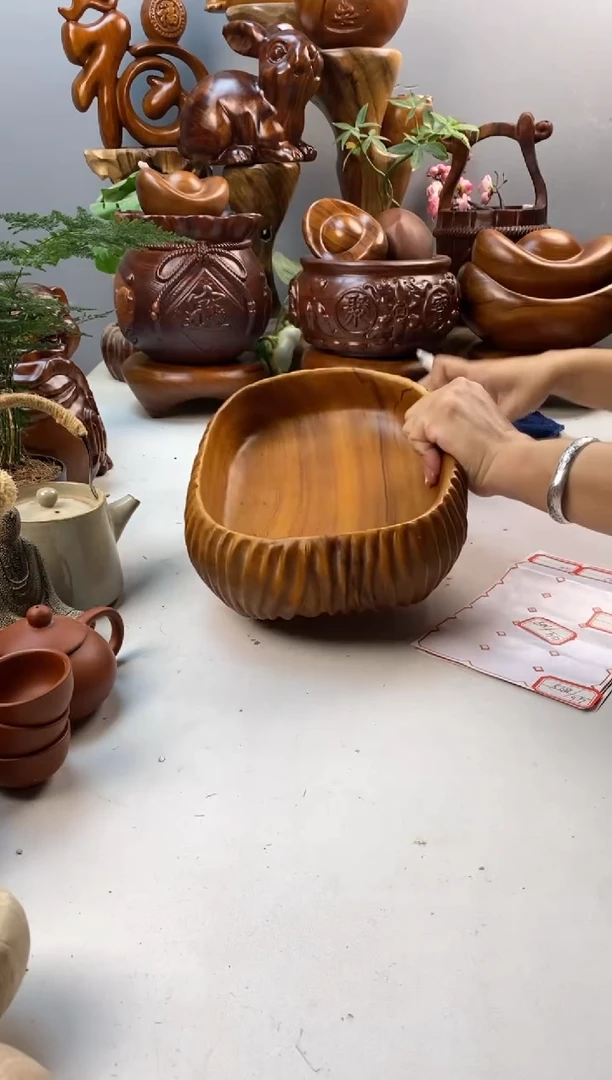 香樟木A46四足竖条纹果盆/尺寸30*21*9
