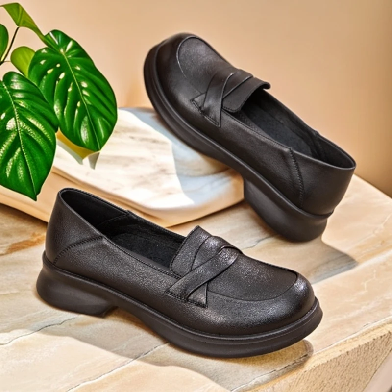 单鞋透气牛汤底软底软面舒适久站不累妈妈鞋女鞋乐福鞋平跟通勤风