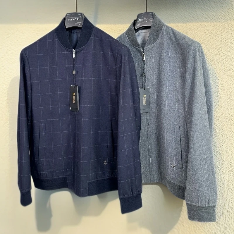 曼格如常规款棒球领不褪色长袖耐磨格纹秋冬维达莱绵羊毛夹克