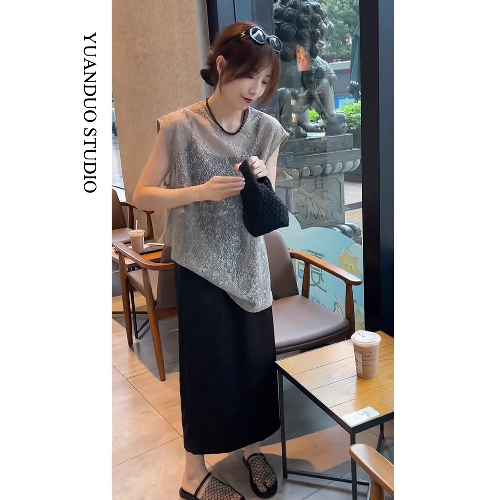 女装套装轻奢高级感女人味宽松无袖气质上衣高腰垂感半身裙两件套