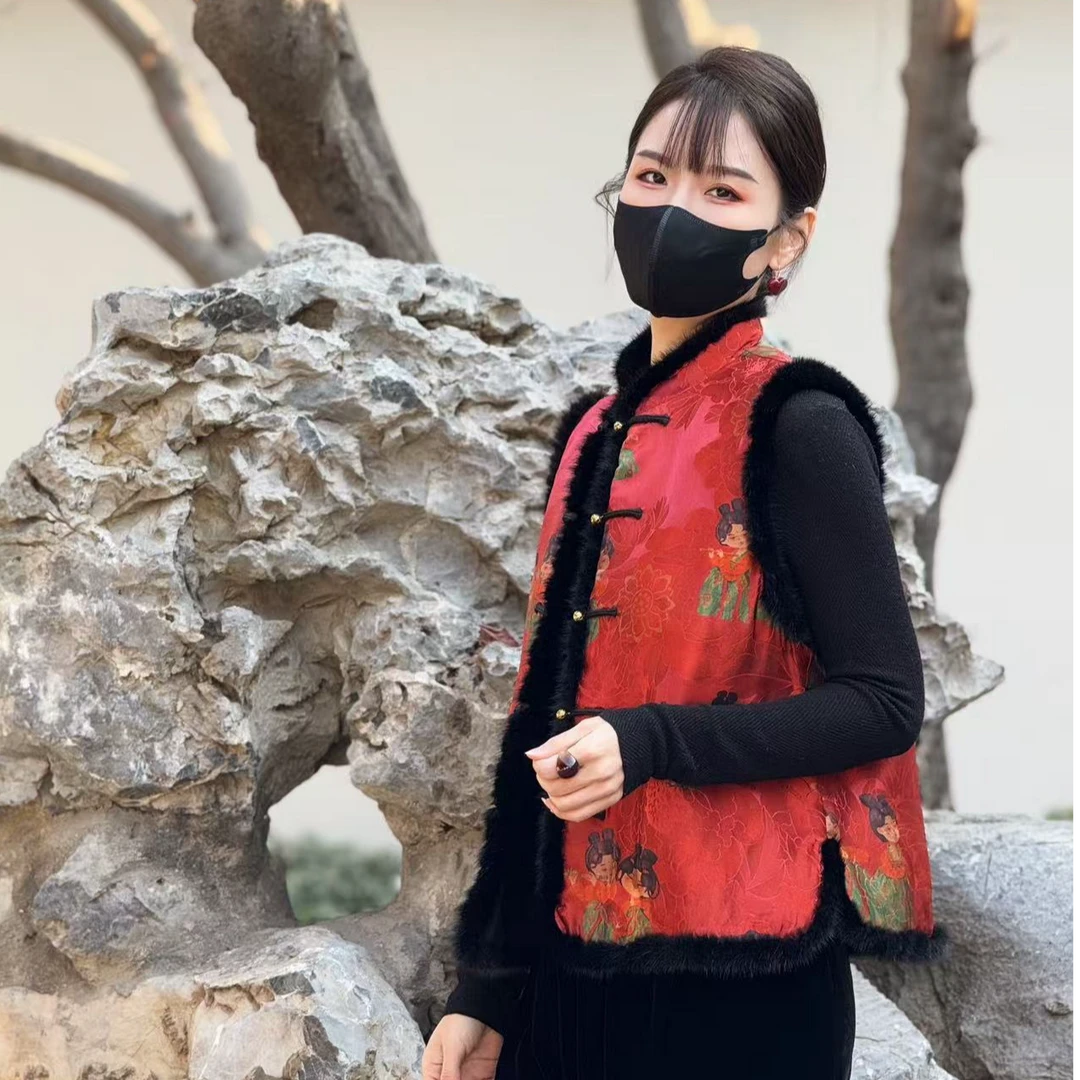 【国庆福利】墨舞 秋冬桑蚕丝水貂毛小立领时尚加棉马甲 3270-2