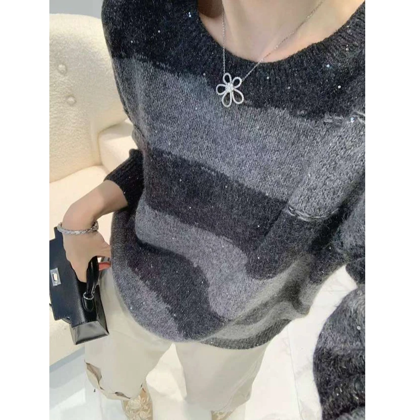 亮片圆领套头长袖针织衫宽松慵懒风纯色韩版长袖毛衣打底