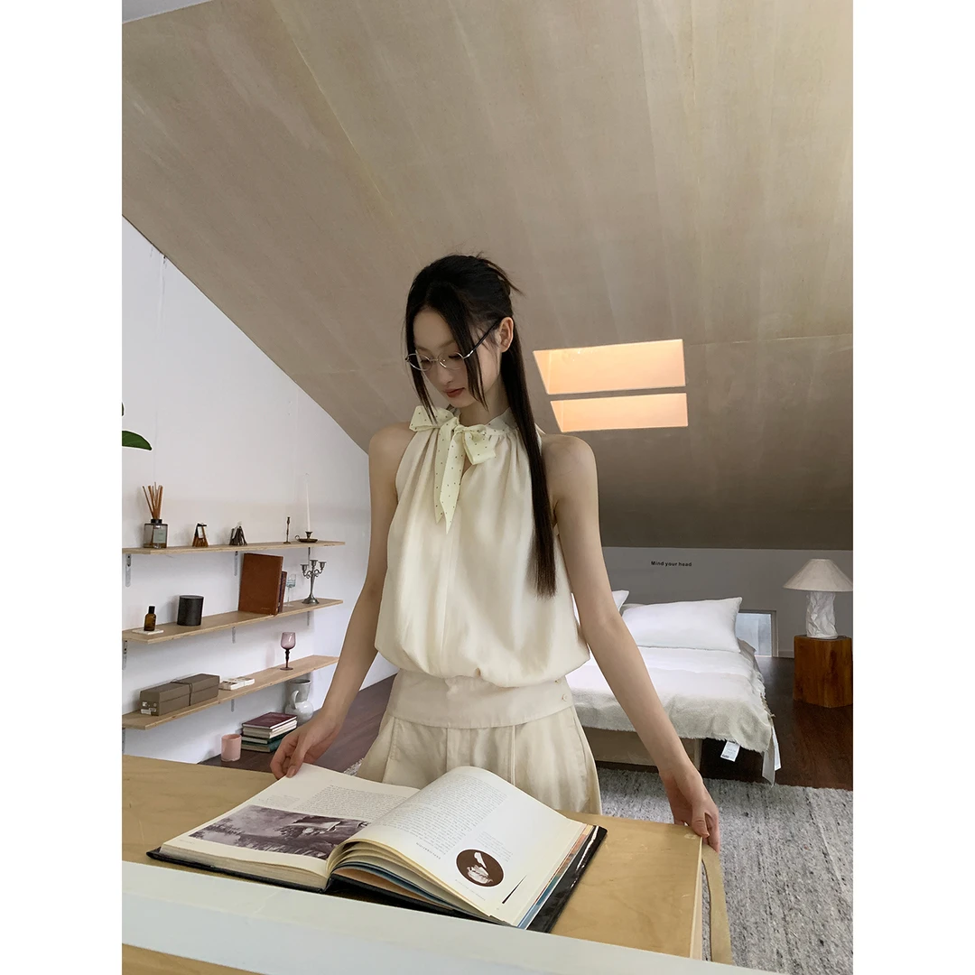 【上海街背心】夏季韩系甜美蝴蝶结宽松收腰露肩背心252D2649#