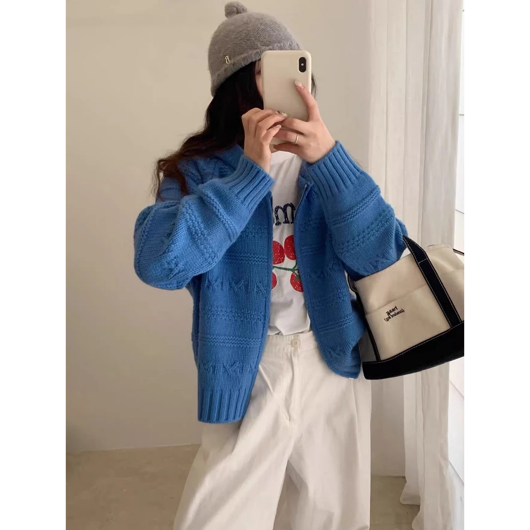 La Vague  立体麻花双拉链针织开衫外套