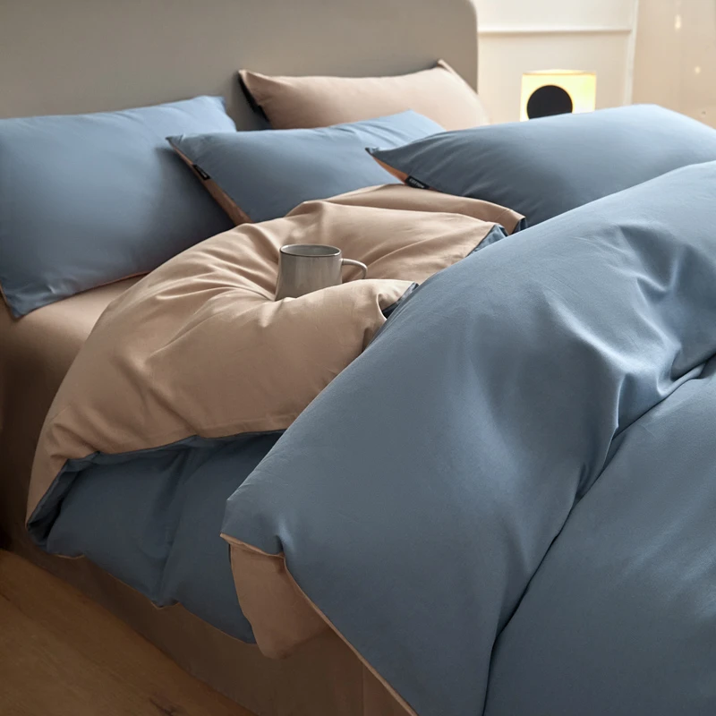 100%全棉纯棉纯色双拼四件套简约床单被套四件套亲赴斜纹被罩wl