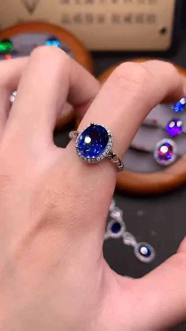 戒指蓝宝石银S925镶嵌矢车菊