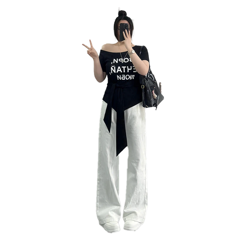 胖MM大码洋气性感斜肩短袖T恤女梨型遮肉设计感绑带收腰显瘦上衣